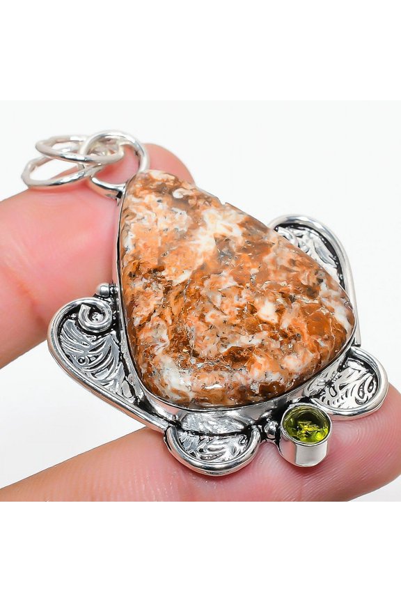 Natural Brecciated Mookaite, Peridot 925 Sterling Silver Pendant 2.29"