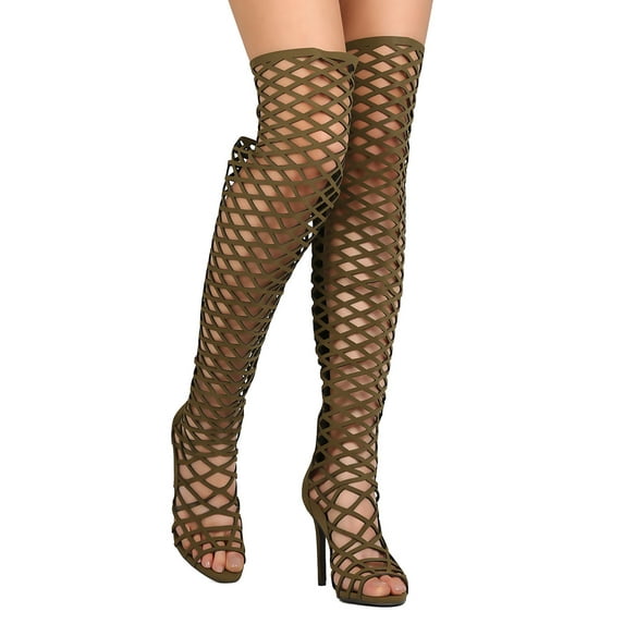 Breckelle's Women Leatherette Over The Knee Peep Toe Lace Up Cut Out Stiletto Over The Knee Thigh High Lace Up Boot