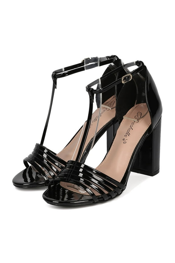 Aniston-17 Black Patent PU Open Toe T-Strap Block Heel Retro Sandal (Black, 8)