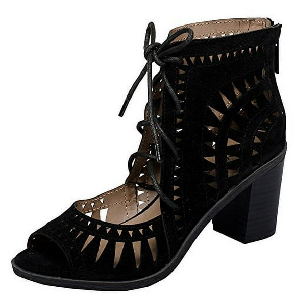 Breckelles Gabby Lasercut Stacked Chunky Heel Peep Toe Sandal (Black, 6 B(M) US)