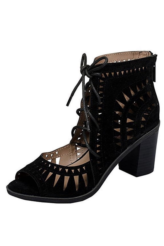 Gabby Lasercut Stacked Chunky Heel Peep Toe Sandal (Black, 6 B(M) US)