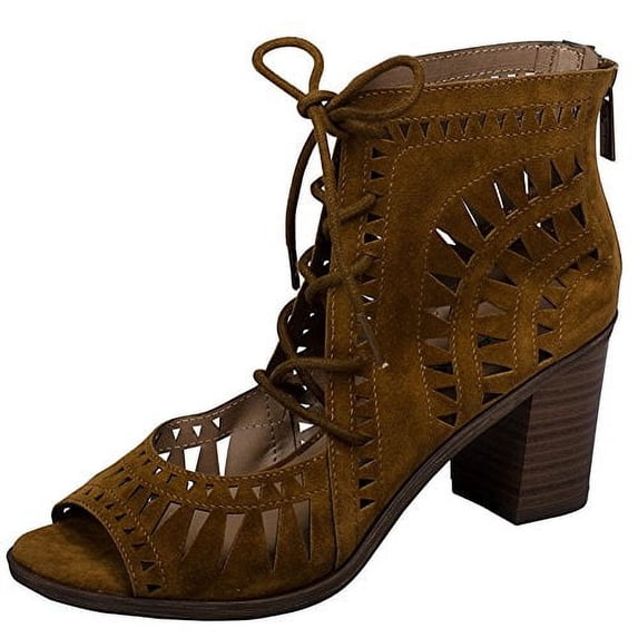 Breckelles Gabby Lasercut Stacked Chunky Heel Peep Toe Sandal (Tan, 6.5)