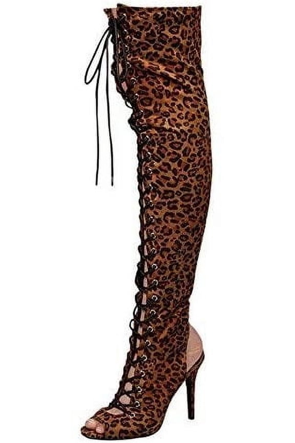 Randi-23 Leopard Lace Up Stiletto Heeled Peep Toe Thigh High Boots (Leopard, 5.5)