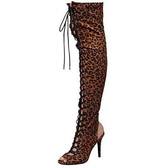 Breckelles Randi-23 Leopard Lace Up Stiletto Heeled Peep Toe Thigh High Boots (Leopard, 5.5)