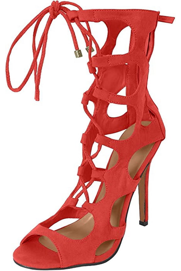Roma-51 Coral Faux Suede Lace Up Stiletto Sandal Strappy Sandals (Coral, 6)