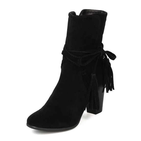Breckelles Women Hilary-71 Faux Suede Wraparound Tassel Chunky Heel Black Bootie (Black, 7)
