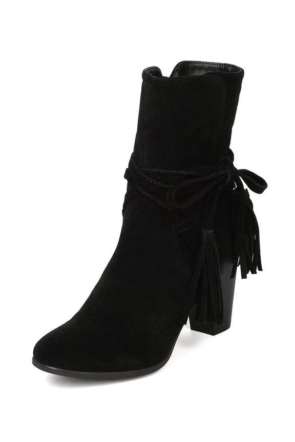 Women Hilary-71 Faux Suede Wraparound Tassel Chunky Heel Black Bootie (Black, 7)