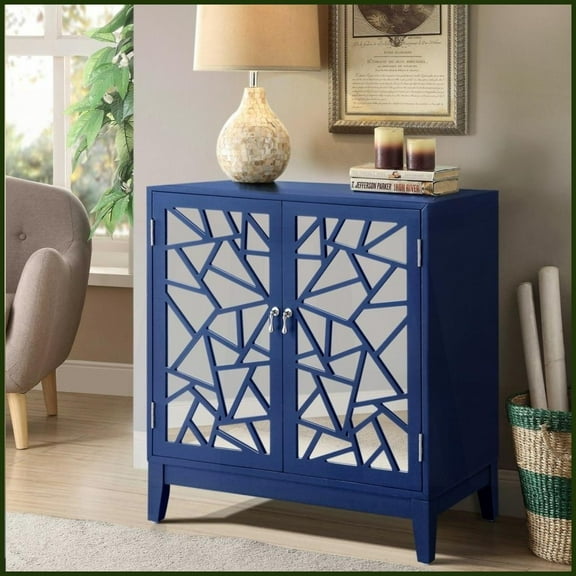Breckenridge Blue Console Table with 2 Mirrored Doors Versatile Storage for Entryway, Living Room or Hallway