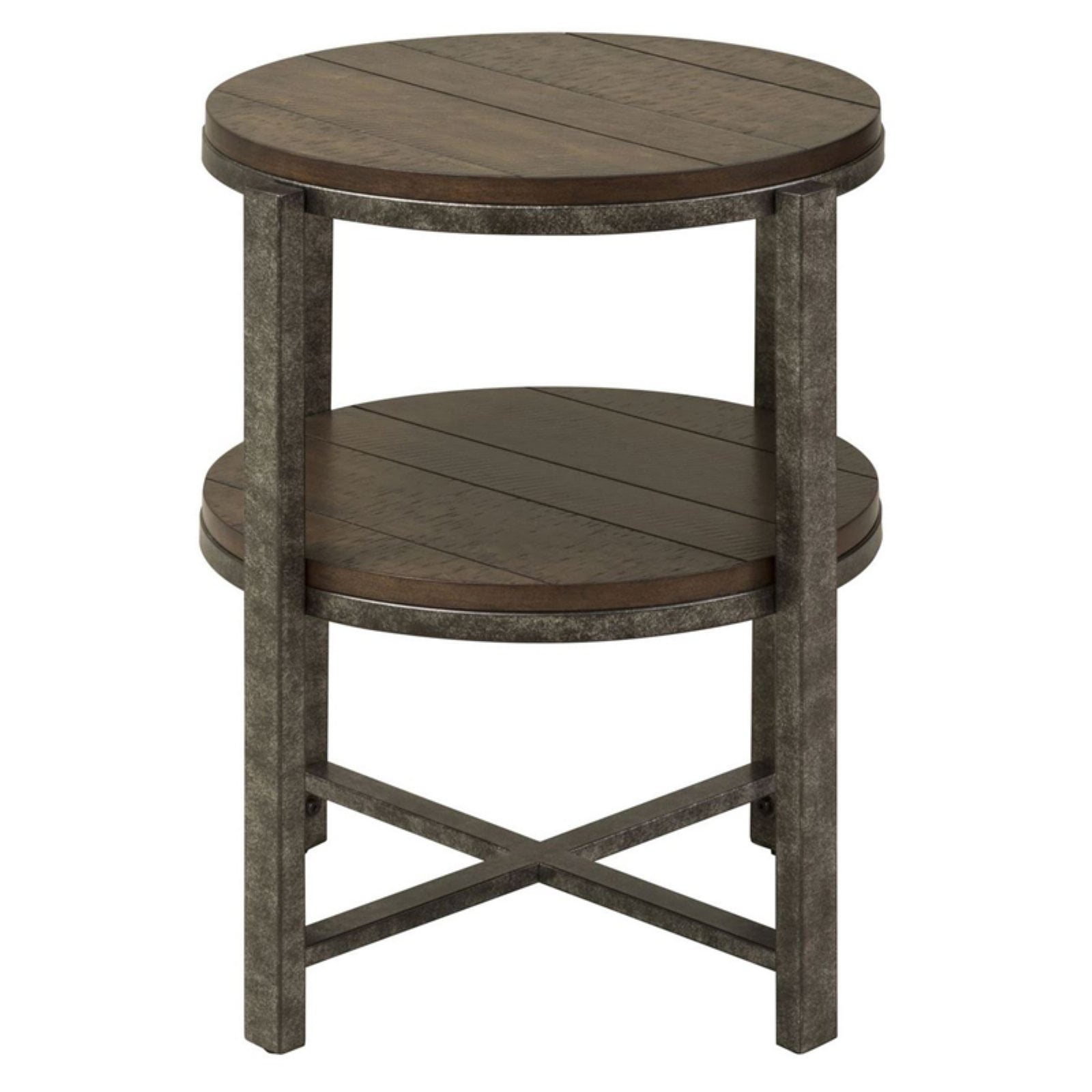 Rustic Brown Round Wood and Metal End Table