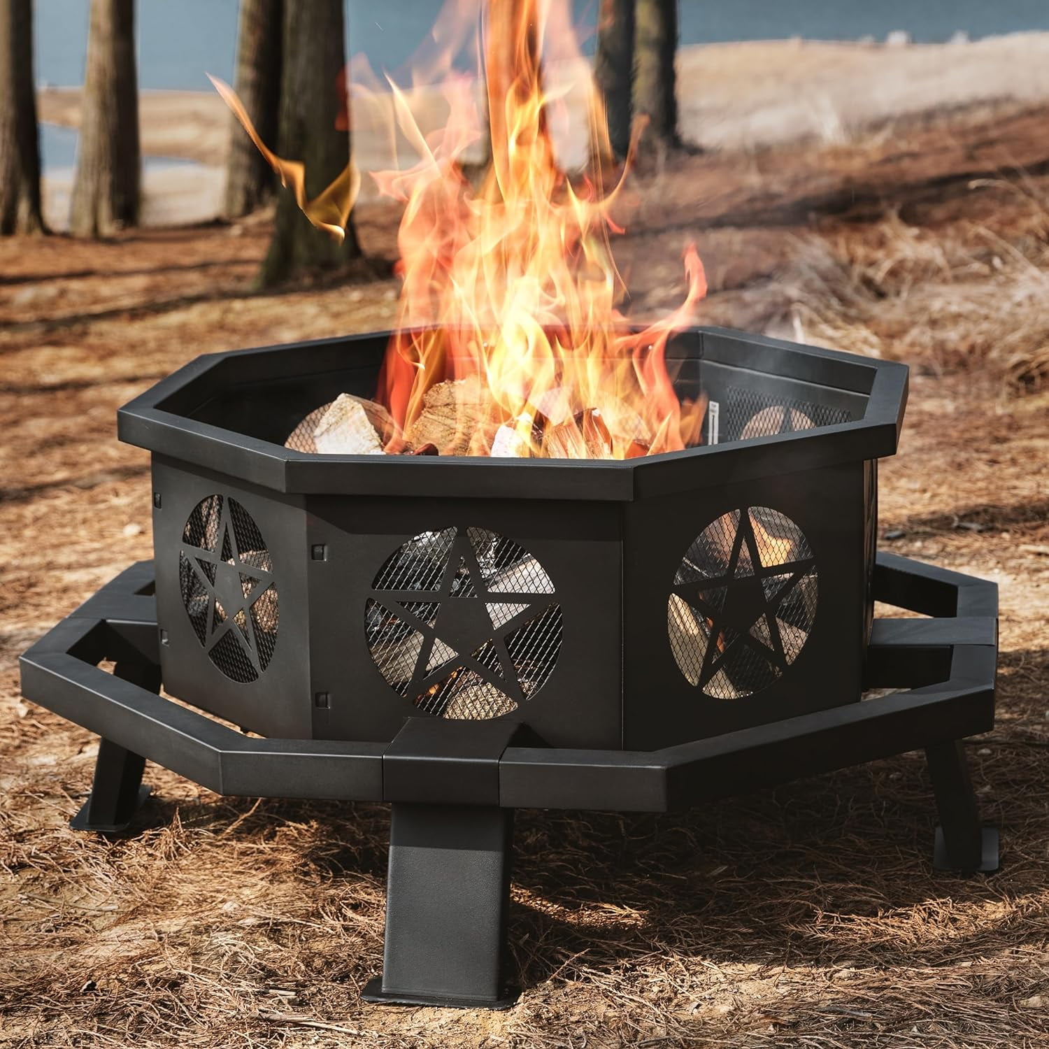 35-Inch Black Steel Octagonal Wood Burning Fire Pit