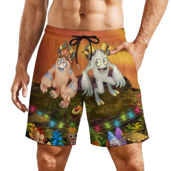 Breeding My Singing Monsters Island Mens Board Shorts Summer Swim Trunks Quick Dry Beach Swimwear Bathing Suit Swim Shorts with Compression Liner And Pockets