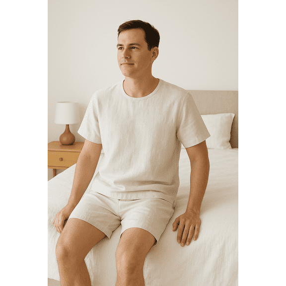 Breevar Men's Linen Pajama Set, Short Sleeve Top & Shorts, Sleepwear