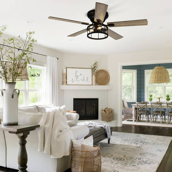 Breezary 52" Black Industrial 5-Blade Ceiling Fan with Light Kit and Remote Matte Black