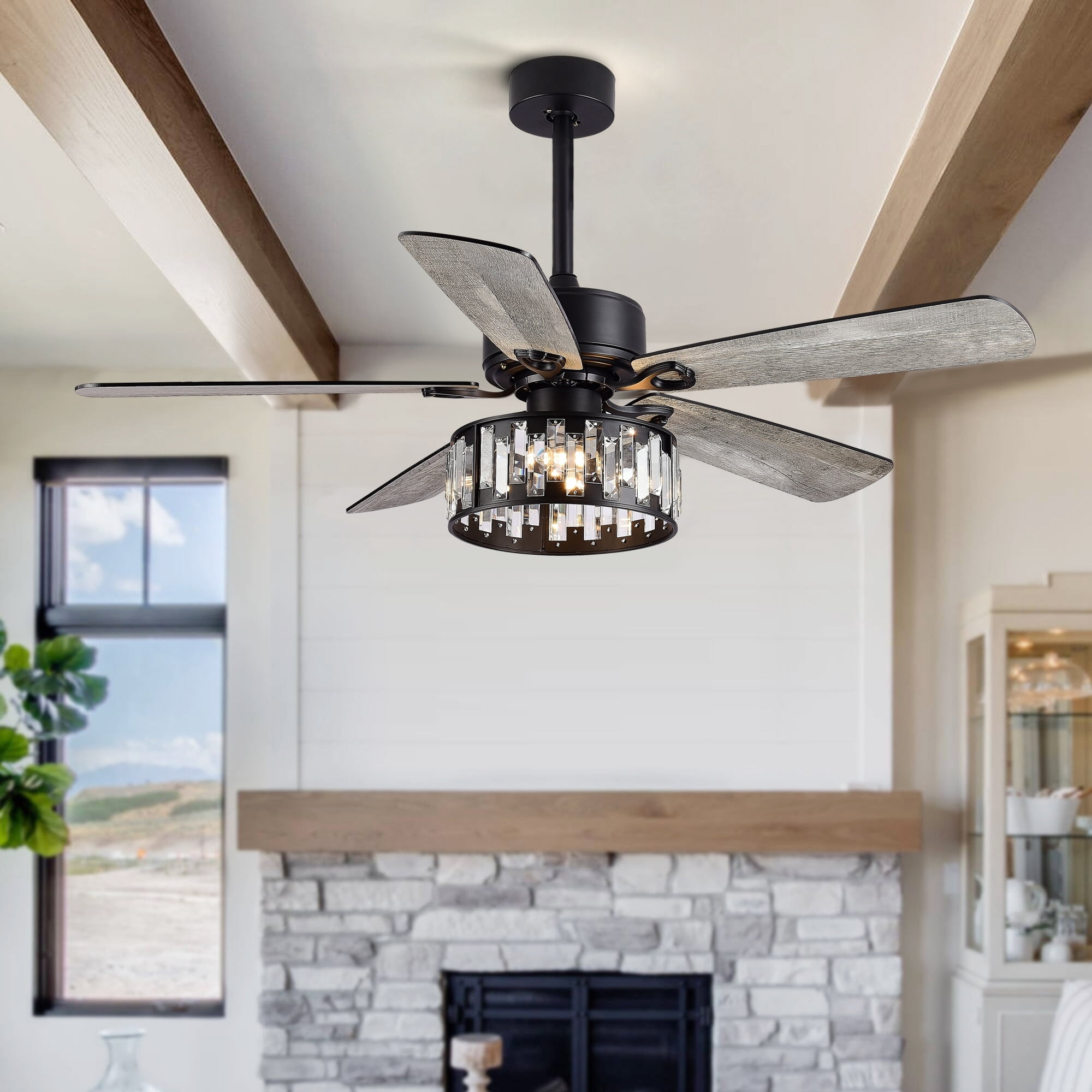 52" Black Crystal Chandelier Ceiling Fan with Remote and Reversible Blades
