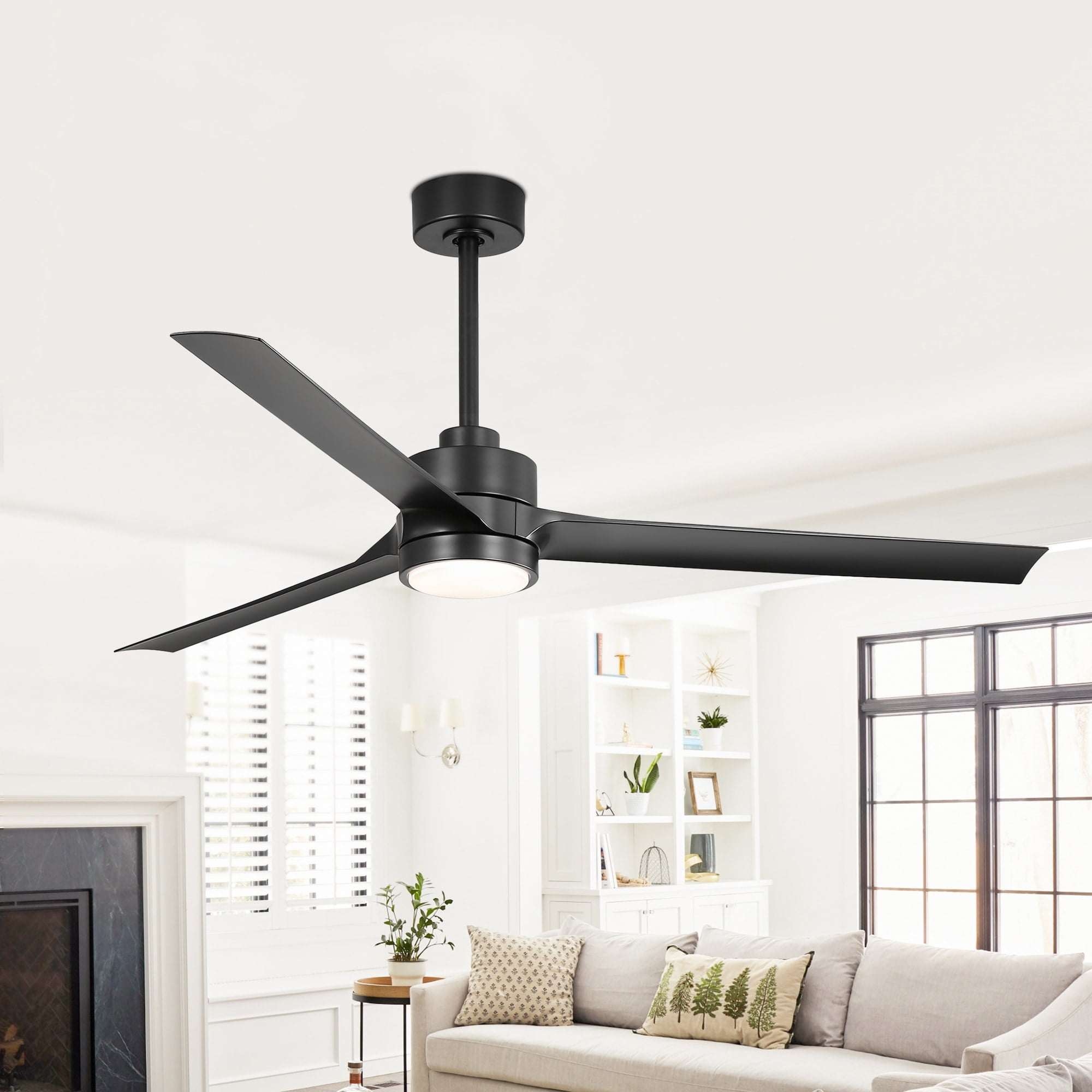 60" Black Modern Ceiling Fan with Wooden Blades and LED Light