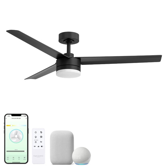Breeze 52in 3-Blade Smart Ceiling Fan in Matte Black 2700K-6000K CCT Tunable Range LED Light Kit with Remote Control Works With iOS or Android App