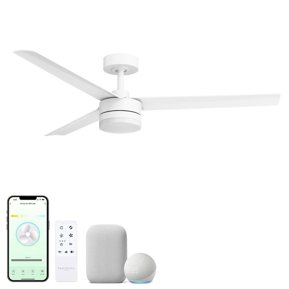 Breeze 52in 3-Blade Smart Ceiling Fan in Matte White 2700K-6000K CCT Selectable LED Light Kit with Remote Control Works With iOS or Android App