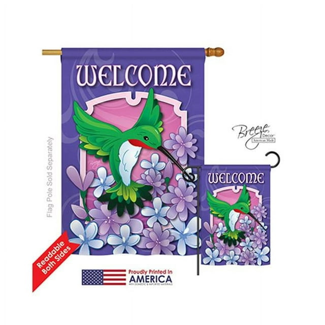 Breeze Decor 05033 Birds Welcome Hummingbird 2-Sided Vertical Impression House Flag - 28 x 40 in.