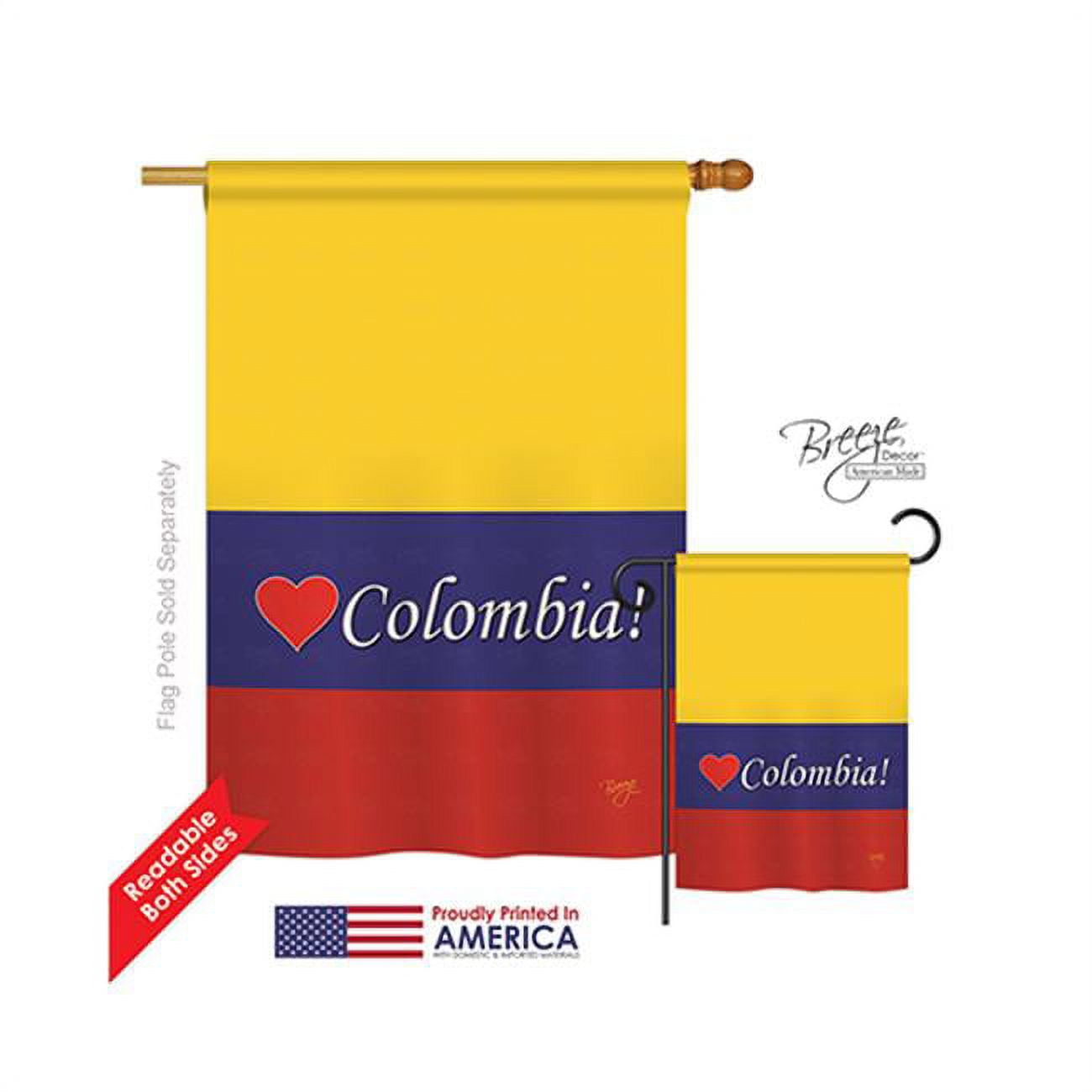 Large Yellow Polyester Colombia Garden Flag with Wooden Pole