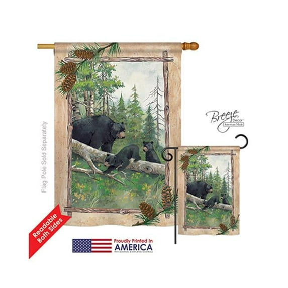 Breeze Decor 10043 Wildlife & Lodge Black Bear & Cubs 2-Sided Vertical Impression House Flag - 28 x 40 in.