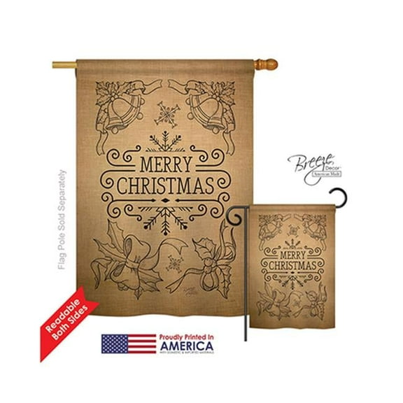 Breeze Decor 14113 Christmas Merry Christmas Bells Burlap 2-Sided Vertical Impression House Flag - 28 x 40 in.