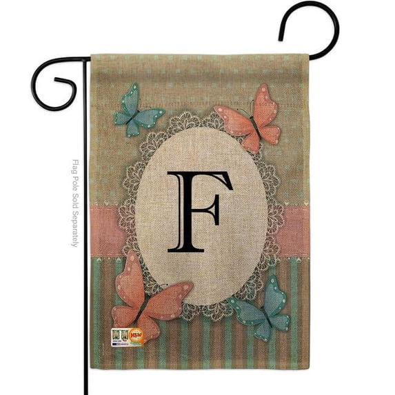 Breeze Decor BD-BG-G-130136-IP-DB-D-US14-BD 13 x 18.5 in. Butterflies F Initial Burlap Garden Friends Bugs & Frogs Impressions Decorative Vertical Double Sided Flag