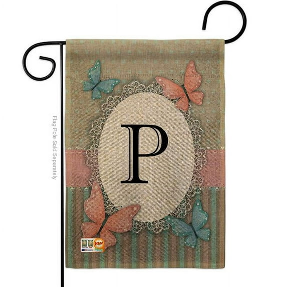 Breeze Decor BD-BG-G-130146-IP-DB-D-US14-BD 13 x 18.5 in. Butterflies P Initial Burlap Garden Friends Bugs & Frogs Impressions Decorative Vertical Double Sided Flag