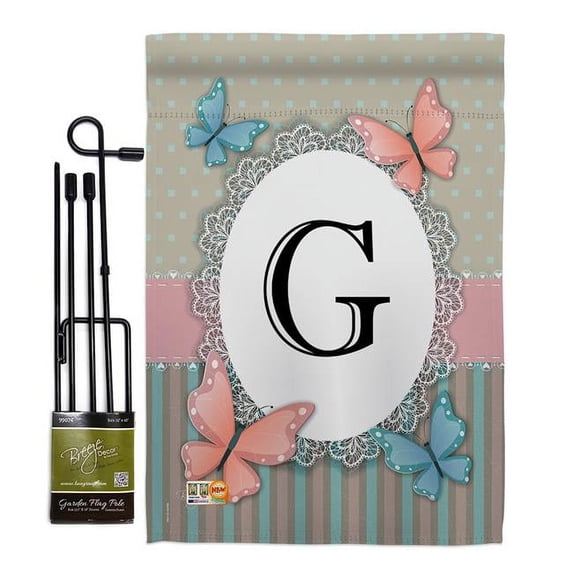 Breeze Decor BD-BG-GS-130137-IP-BO-D-US14-BD 13 x 18.5 in. Butterflies G Initial Garden Friends Bugs & Frogs Impressions Decorative Vertical Double Sided Flag Set with Banner Pole