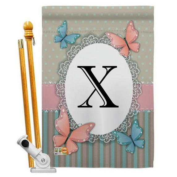 Breeze Decor BD-BG-HS-130154-IP-BO-D-US14-BD 28 x 40 in. Butterflies X Initial Garden Friends Bugs & Frogs Impressions Decorative Vertical Double Sided House Flag Set & Pole Bracket Hardware
