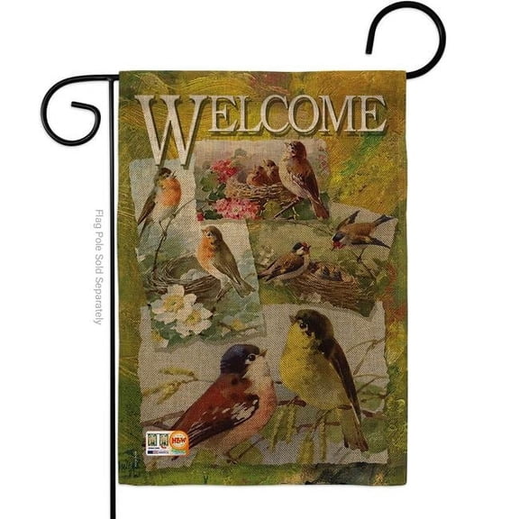Breeze Decor BD-BI-G-105039-IP-DB-D-US12-AM 13 x 18.5 in. Bird Collage Burlap Garden Friends Birds Impressions Decorative Vertical Double Sided Flag