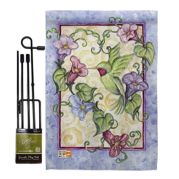 Breeze Decor BD-BI-GS-105035-IP-BO-D-US12-AL 13 x 18.5 in. Hummingbird with Trumpet Flowers Garden Friends Birds Impressions Decorative Vertical Double Sided Flag Set with Banner Pole