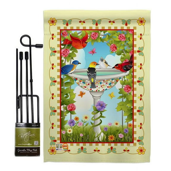 Breeze Decor BD-BI-GS-105037-IP-BO-D-US12-AL 13 x 18.5 in. Bathing Birds Ivory Garden Friends Impressions Decorative Vertical Double Sided Flag Set with Banner Pole