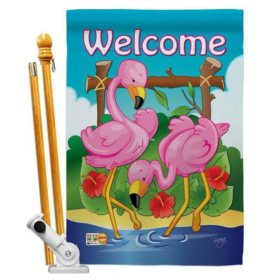 Breeze Decor BD-BI-HS-105029-IP-BO-D-US09-BD 28 x 40 in. Flamingos Garden Friends Birds Impressions Decorative Vertical Double Sided House Flag Set & Pole Bracket Hardware