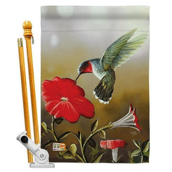 Breeze Decor BD-BI-HS-105050-IP-BO-D-US16-AL 28 x 40 in. Ruby Hummingbird Garden Friends Birds Impressions Decorative Vertical Double Sided House Flag Set & Pole Bracket Hardware
