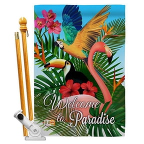 Breeze Decor BD-BI-HS-105053-IP-BO-D-US18-BD 28 x 40 in. Tropical Bird Paradise Garden Friends Birds Impressions Decorative Vertical Double Sided House Flag Set & Pole Bracket Hardware