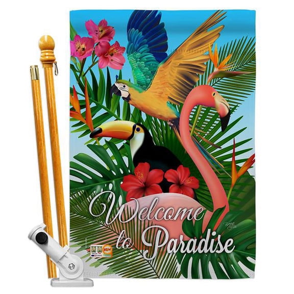 Breeze Decor BD-BI-HS-105053-IP-BO-D-US18-BD 28 x 40 in. Tropical Bird Paradise Garden Friends Birds Impressions Decorative Vertical Double Sided House Flag Set & Pole Bracket Hardware