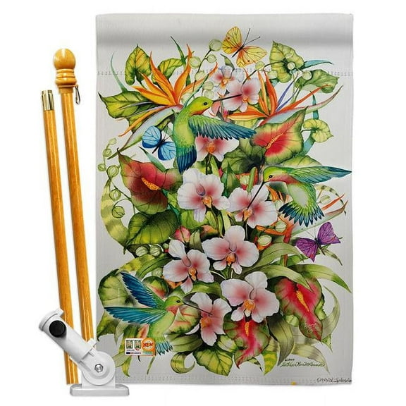 Breeze Decor BD-BI-HS-105054-IP-BO-D-US18-WA 28 x 40 in. Orchid Splendor with Birds Garden Friends Impressions Decorative Vertical Double Sided House Flag Set & Pole Bracket Hardware