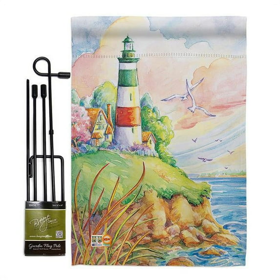 Breeze Decor BD-BN-GS-106064-IP-BO-D-US12-AM 13 x 18.5 in. Cliff Lighthouse Coastal Beach Impressions Decorative Vertical Double Sided Garden Flag Set with Banner Pole