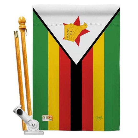 Breeze Decor BD-CY-HS-108283-IP-BO-D-US15-BD 28 x 40 in. Zimbabwe Flags of the World Nationality Impressions Decorative Vertical Double Sided House Flag Set with Pole Bracket & Hardware