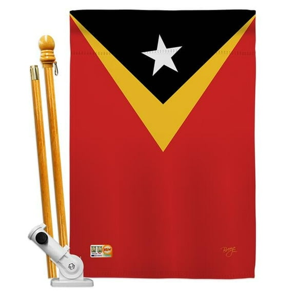 Breeze Decor BD-CY-HS-108332-IP-BO-D-US15-BD 28 x 40 in. East Timor Flags of the World Nationality Impressions Decorative Vertical Double Sided House Flag Set with Pole Bracket & Hardware