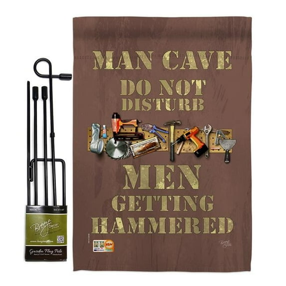 Breeze Decor BD-EX-GS-115121-IP-BO-D-US18-SB 13 x 18.5 in. Man Cave Men Getting Hammered Inspirational Expression Impressions Decorative Vertical Double Sided Garden Flag Set with Banner Pole
