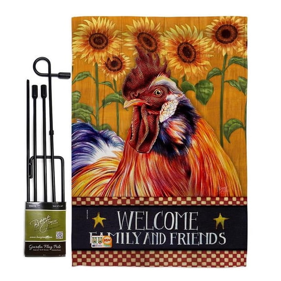 Breeze Decor BD-FA-GS-110129-IP-BO-D-US18-BD 13 x 18.5 in. Country Rooster Nature Farm Animals Impressions Decorative Vertical Double Sided Garden Flag Set with Banner Pole