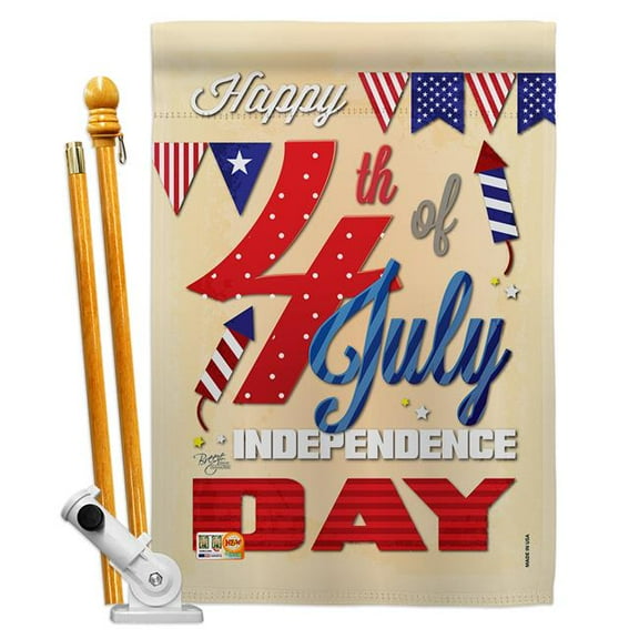 Breeze Decor BD-FJ-HS-111008-IP-BO-D-US15-BD 28 x 40 in. Happy 4th Americana Fourth of July Impressions Decorative Vertical Double Sided House Flag Set with Pole Bracket & Hardware