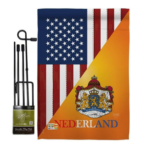 Breeze Decor BD-FS-GS-108384-IP-BO-D-US16-BD 13 x 18.5 in. US Dutch Friendship Flags of the World Impressions Decorative Vertical Double Sided Garden Flag Set with Banner Pole