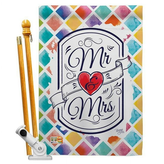 Breeze Decor BD-FY-HS-115112-IP-BO-D-US16-BD 28 x 40 in. Mr & Mrs Special Occasion Family Impressions Decorative Vertical Double Sided House Flag Set with Pole Bracket & Hardware