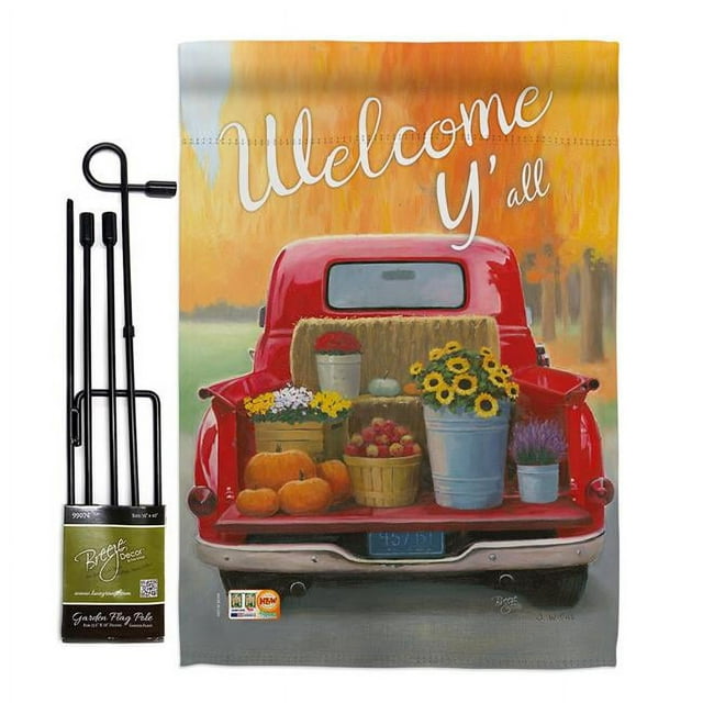 Breeze Decor BD-HA-GS-113077-IP-BO-D-US18-WA 13 x 18.5 in. Welcome Harvest Truck Fall & Autumn Vertical Double Sided Mini Garden Flag Set with Banner Pole