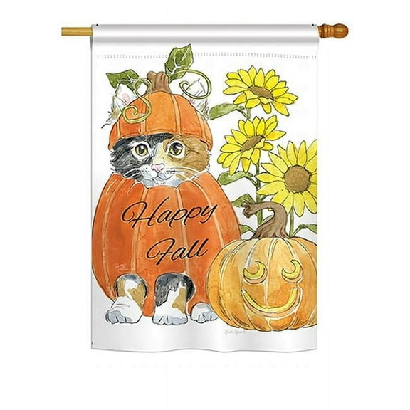 Breeze Decor BD-HA-H-113076-IP-BO-DS02-US 28 x 40 in. Seasonal Harvest & Autumn Impressions Decorative Vertical House Flag - Happy Pumpkin Kitty Fall