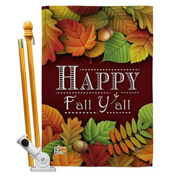 Breeze Decor BD-HA-HS-113005-IP-BO-D-US15-BD 28 x 40 in. Happy Fall Y All Harvest & Autumn Impressions Decorative Vertical Double Sided House Flag Set with Pole Bracket Hardware