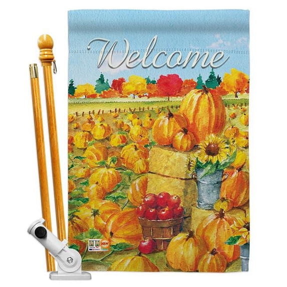 Breeze Decor BD-HA-HS-113081-IP-BO-D-US18-BT 28 x 40 in. Pumpkin Patch Fall Harvest & Autumn Impressions Decorative Vertical Double Sided House Flag Set with Pole Bracket Hardware