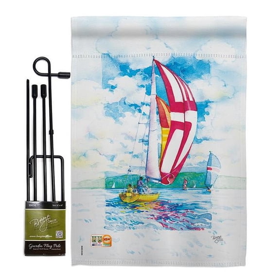 Breeze Decor BD-HB-GS-109041-IP-BO-D-US13-AM 13 x 18.5 in. Sailboats Interests Hobbies Impressions Decorative Vertical Double Sided Garden Flag Set with Banner Pole